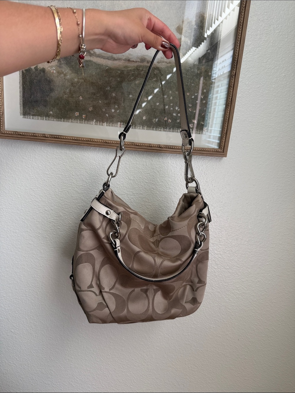 Coach Khaki Signature Canvas Shoulder Bag with Silver Hardware
